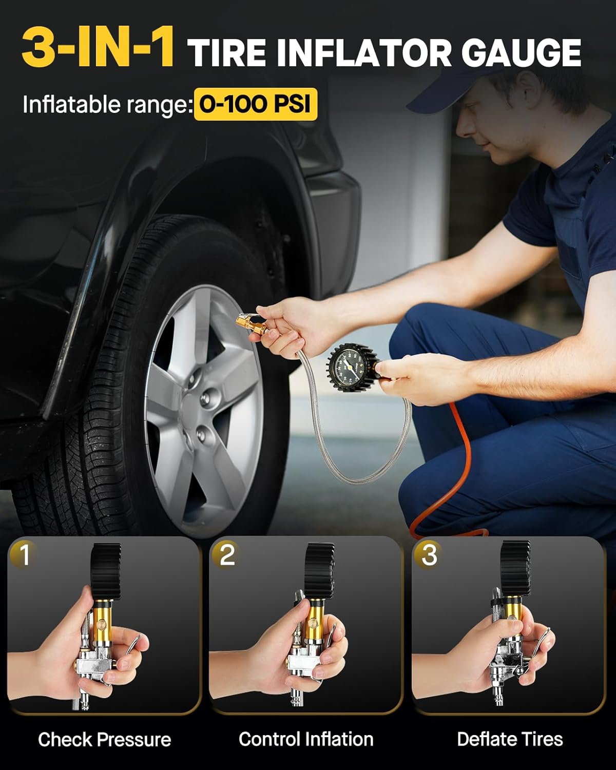 Tire Pressure Gauge - (0-60 PSI) Heavy Duty, Certified ANSI Accurate with Large 2 Inch Easy to Read Glow Dial, Low - High Air Pressure Gauge. Tire Gauge for Car and Trucks Tires by Vondior