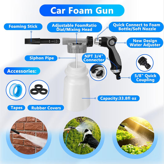 ThinkLearn Car Wash Detailing Kit with Foam Gun, Car Cleaning Kit Set,Car Wash Brush with Long Handle, Large Folding Bucket for Interior Exterior Car Wash Supplies, Car Gift Set Gray