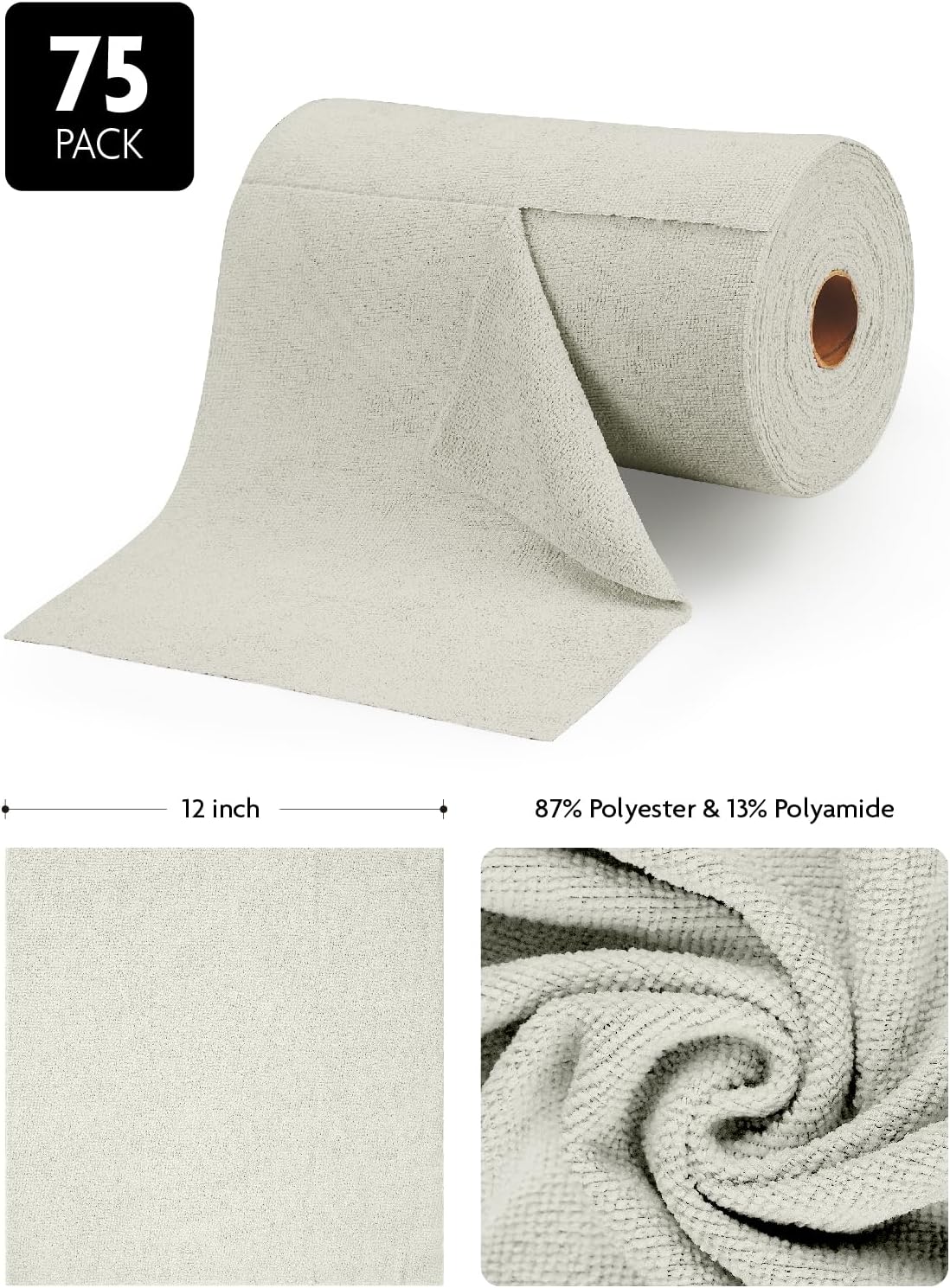 Fantasticlean Microfiber Cleaning Cloth Roll -75 Pack, Tear Away Microfiber Towels, 12" x 12", Reusable, Washable, Scratch Free, Ultra Absorbent for All-Around Cleaning Supplies (DimGray)