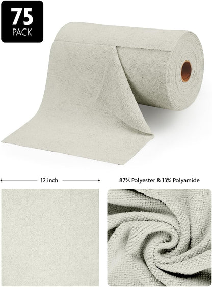 Fantasticlean Microfiber Cleaning Cloth Roll -75 Pack, Tear Away Microfiber Towels, 12" x 12", Reusable, Washable, Scratch Free, Ultra Absorbent for All-Around Cleaning Supplies (DimGray)