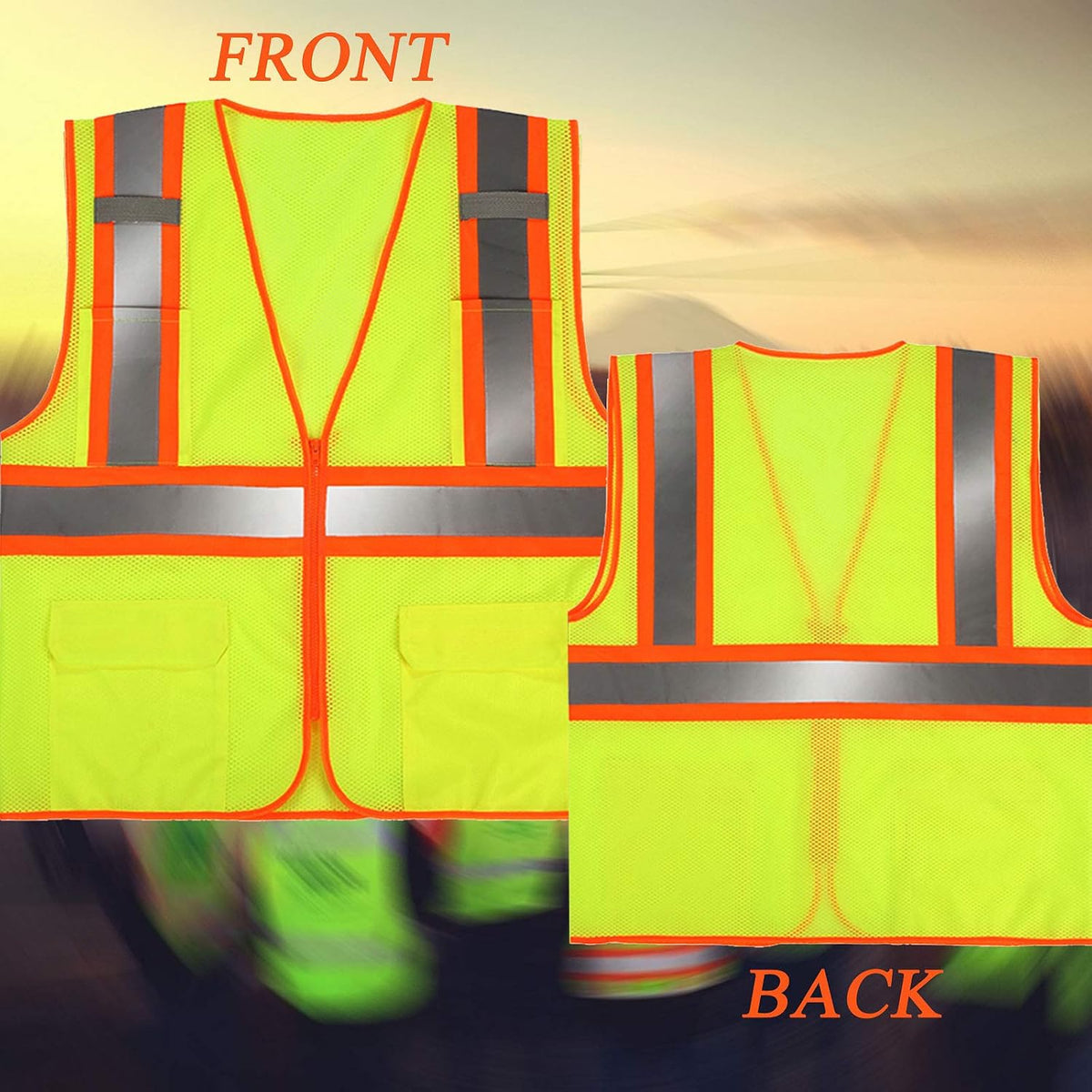 High Visibility Reflective Safety Vest with Zipper and Pockets Orange,M