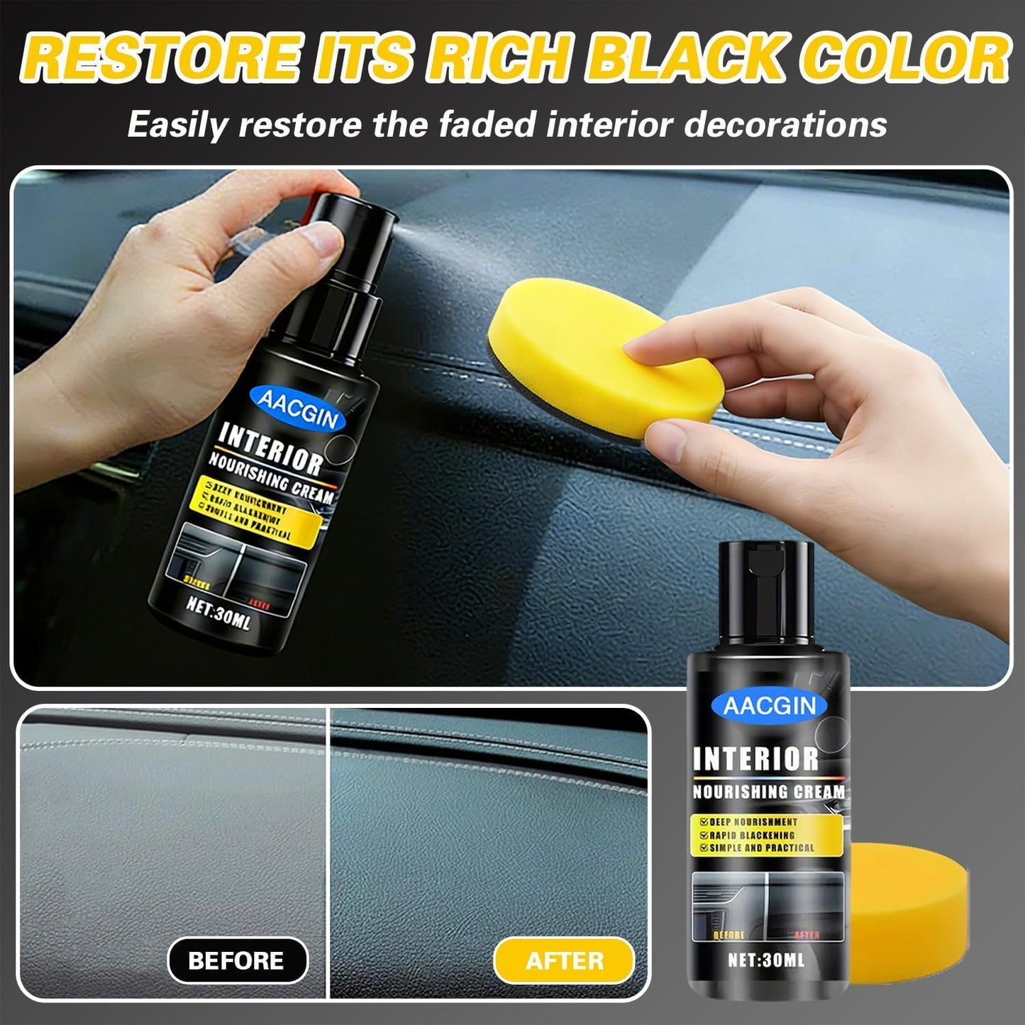 2 Pack Car Black Plastic Trim Restorer, Restore Faded Vinyl Rubber Surfaces, UV Protection Deep Shine Polishing Agent, Exterior Interior Auto Detailing Care 30ml