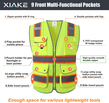 XIAKE 9 Pockets Class 2 High Visibility Reflective Safety Vest for Men Women,Meets ANSI/ISEA Standard