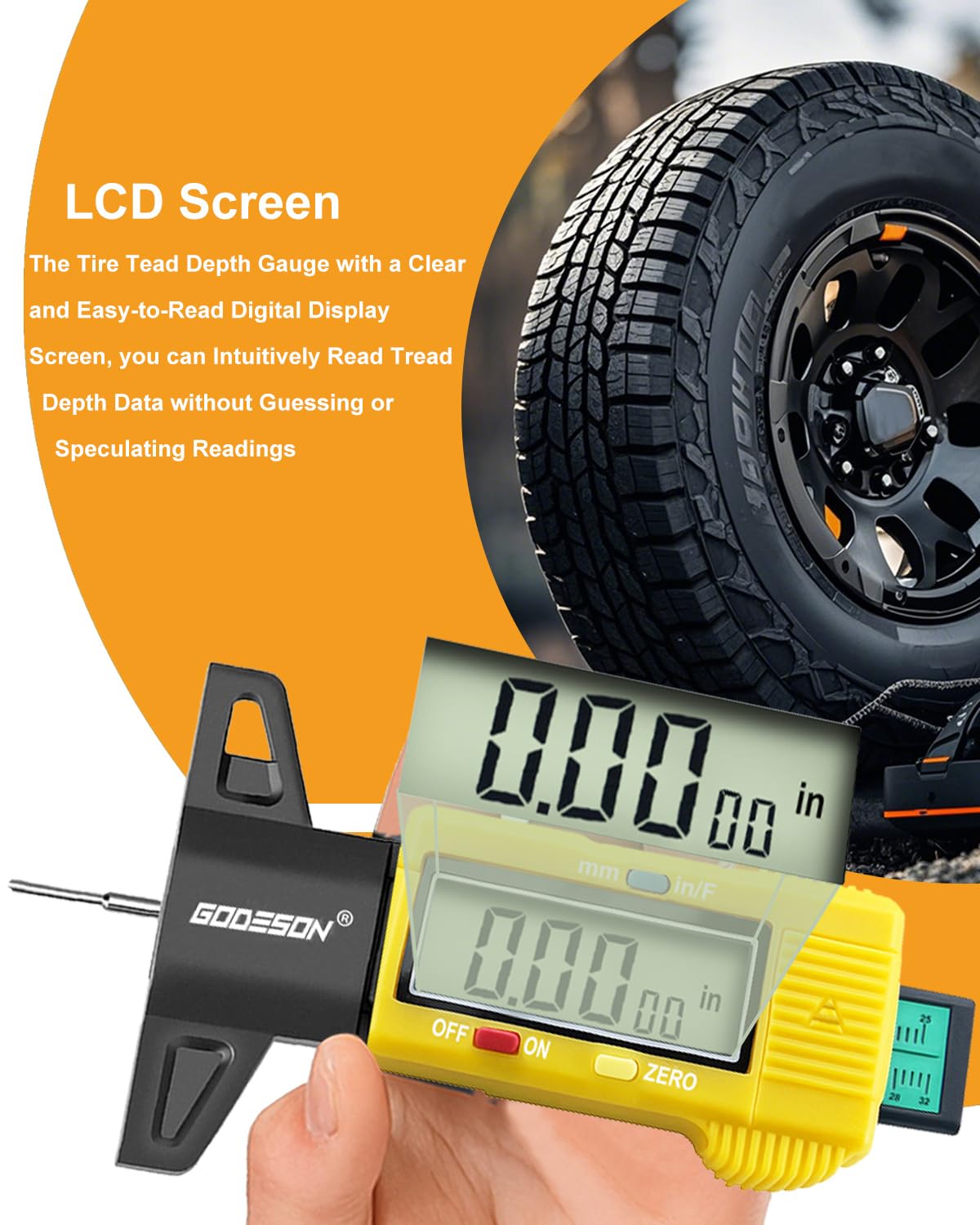 GODESON Tire Tread Depth Gauge, Digital Tire Tread Depth Gauge with 3 Modes-Fractional Inch, Decimal Inch and Millimeter, Tire Depth Gauge for Motorcycles, Cars, SUV, Easy to Read Tread Depth Gauge