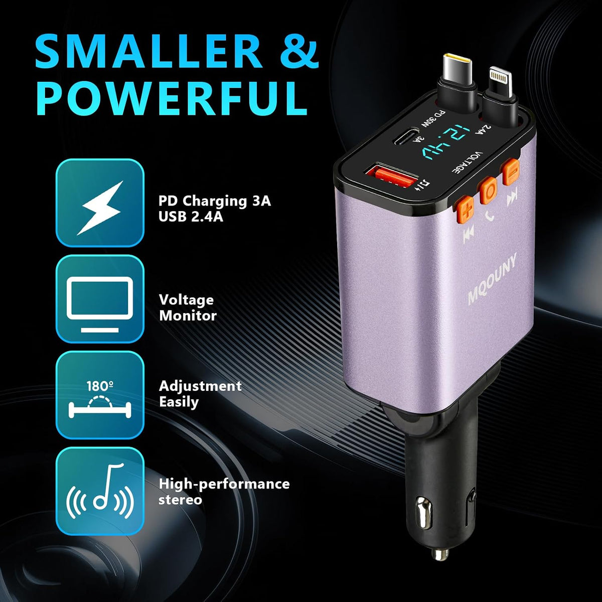 Retractable Car Charger,5 in 1 Fast Cars Phone Charger 60w,Bluetooth 5.3 FM Transmitter Adapter,Handsfree Call,MP3 Player,2 Retractable Cables and USB Chargers, for Phone,Galaxy,Pixel (Black)