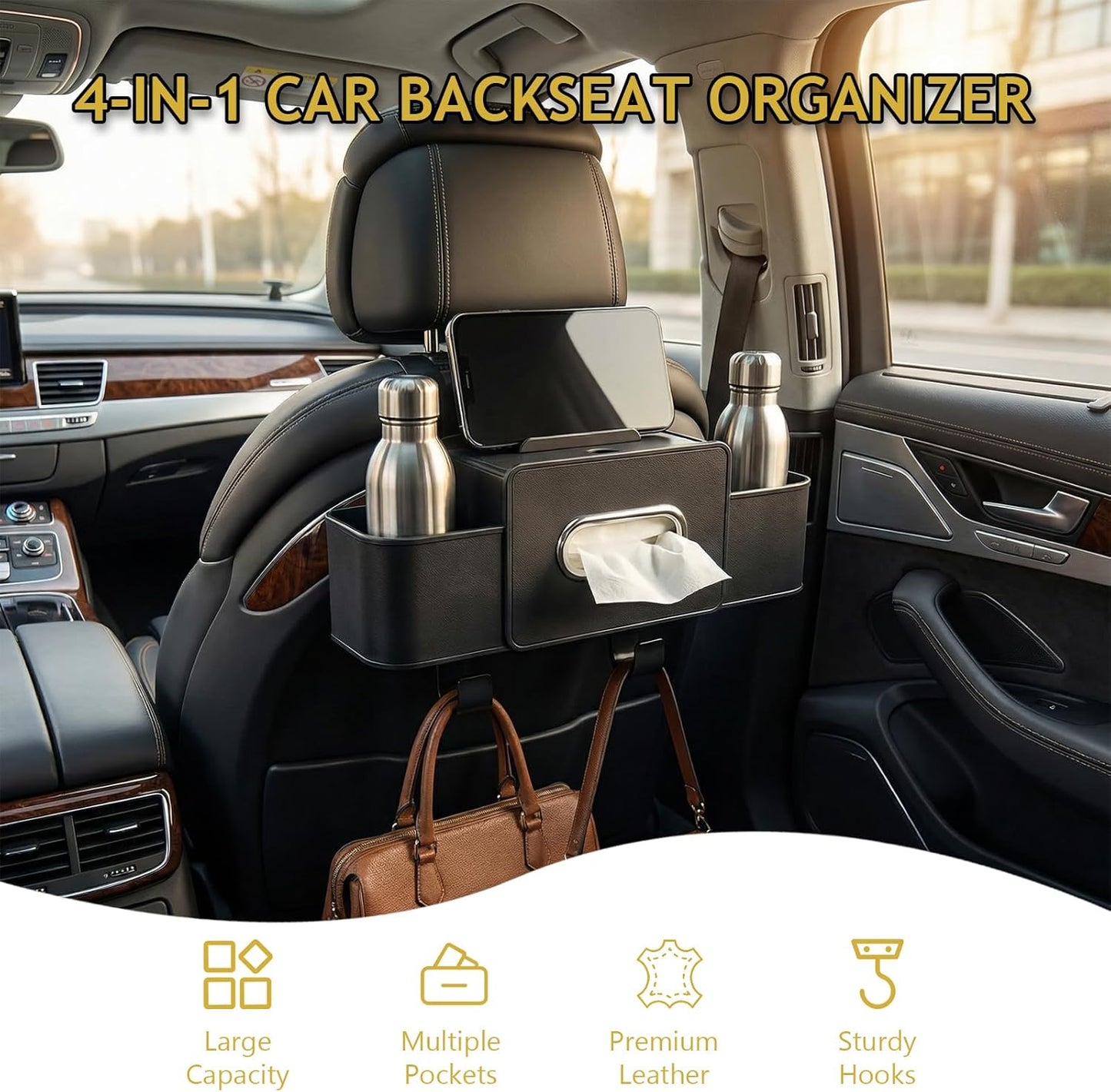 Backseat Car Organizer, 4 in 1 Multifunctional Car Back Seat Storage Organizer with Tissue Box, 2 Cup Holders, Phone Stand and Hooks, Automotive Seat Back Organizers (White)