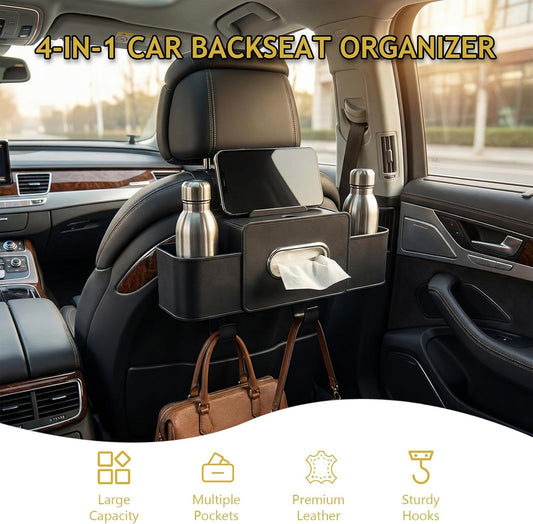 Backseat Car Organizer, 4 in 1 Multifunctional Car Back Seat Storage Organizer with Tissue Box, 2 Cup Holders, Phone Stand and Hooks, Automotive Seat Back Organizers (White)