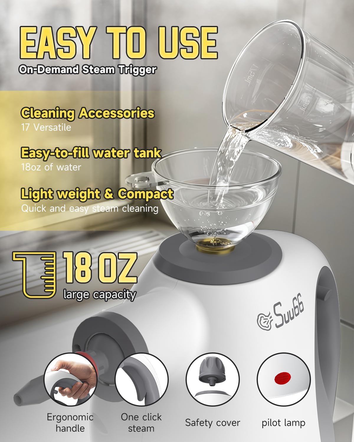 Handheld Steam Cleaner with Safety Lock, 500mL Large Tank & 19PCS Accessories - Multi-Surface Deep Cleaning for Kitchen, Bathroom, Car, Sofa - Removes Stubborn Grime, Sanitizes Surfaces (White)