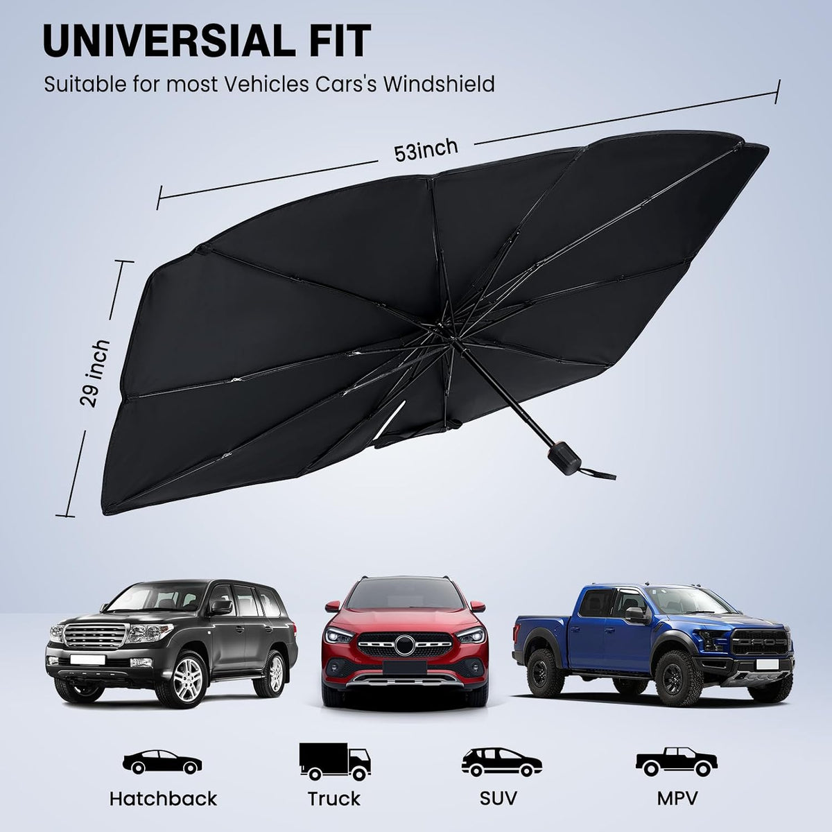 Windshield Sun Shade Umbrella - Car Sun Shade Windshield, Foldable Car Window Shades, Reflector Sunshade Offers Ultimate Sun Protection for Hatchback, Truck, SUV, MPV
