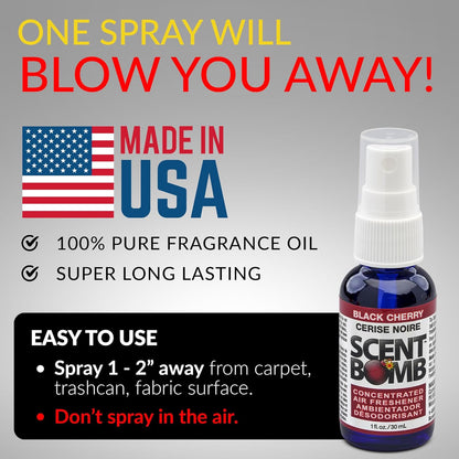 Scent Bomb Air Freshener Spray, Long-Lasting Odor Eliminator - Effective Deodorizer for Home & Car, Fresh Room Spray for Kitchen, Bathroom & Smell Neutralizer - 1 oz Pack of 4, Black Cherry Scent