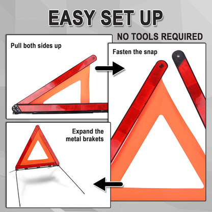 CARTMAN 3 Pack Warning Triangle Reflective Warning Road Safety Triangle Kit with Reinforced Cross Base and Carrying Case