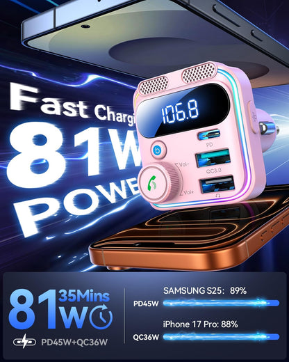 JOYROOM 81W Bluetooth 6.0 Car Adapter Wireless FM Radio Transmitter | [PD45W & QC36W] Fast Charge, Dual Mics for Clear Call, HiFi Deep Bass, LED Light, Support USB Drive, Ideal for Road Trips