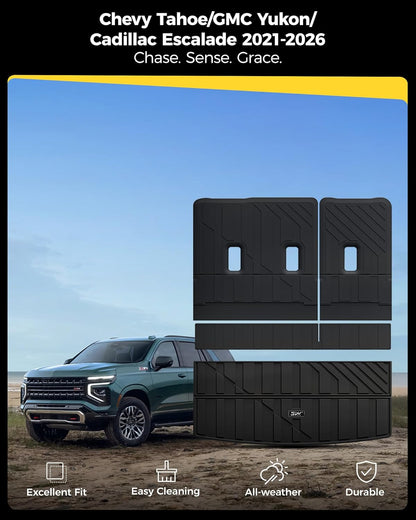 3W Floor Mats & Cargo Liner Fit for 2021 2022 2023 2024 2025 2026 Chevy Tahoe/GMC Yukon/Cadillac Escalade 7 Seat, TPE All Weather Custom Fit Car Accessories Heavy Duty Rubber Full Set Trunk Mats - Colors B