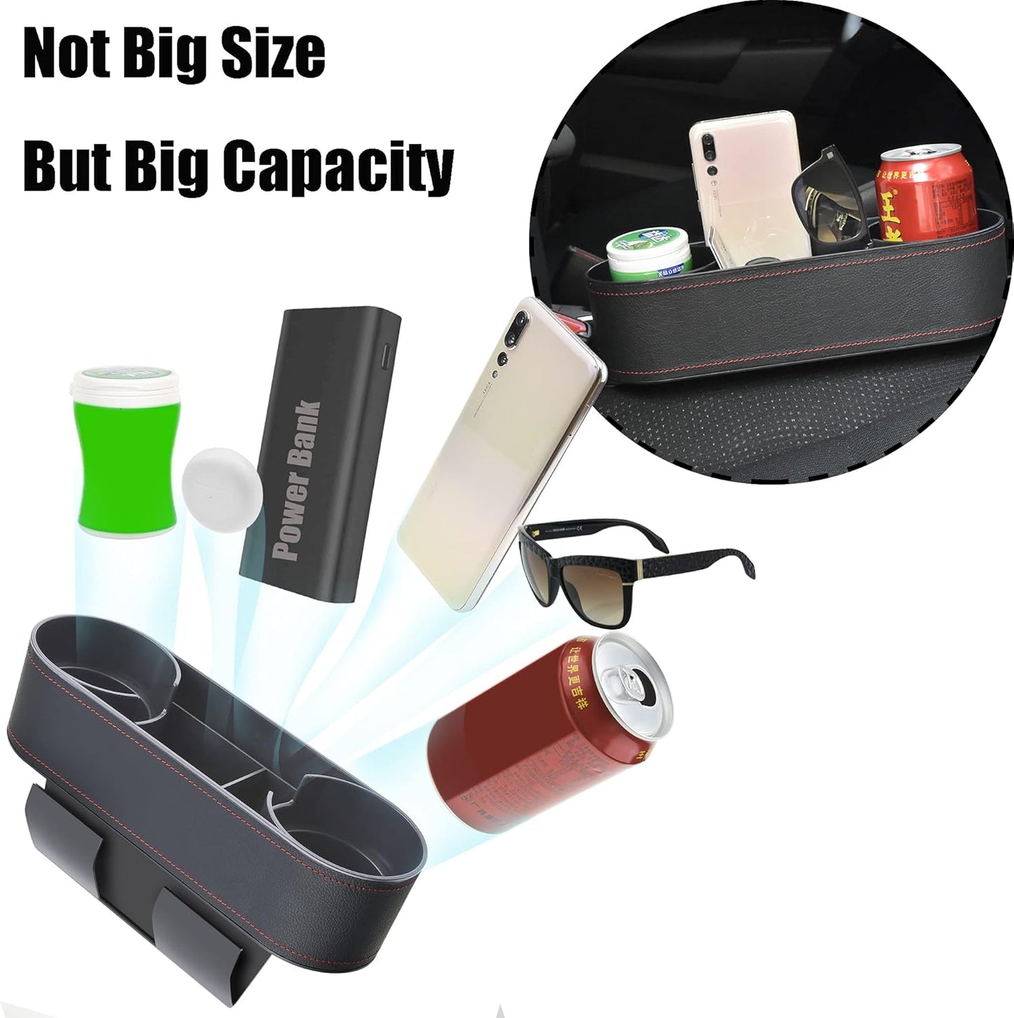 IOKONE Car Cup Holder, Auto Cup Drink Holders，Multifunctional Auto Front Seat Organizer with PU Leather Cover, Gap Filler Storage Box Coin Bucket Console Side Pocket Cell Mobile Phone Holder (Black)