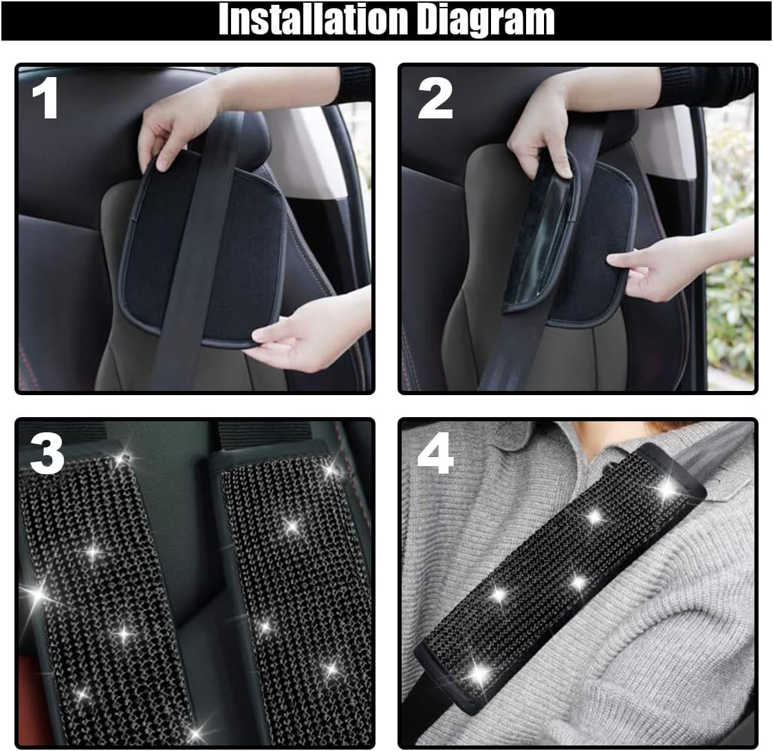 GLSOWEE 2PCS Bling Car Seat Belt Shoulder Pads, Bling Rhinestones Seat Belt Covers for Women, Car Seatbelt Strap Pad with Crystal Diamond, Car Interior Accessories for Car SUV (Black Diamond)