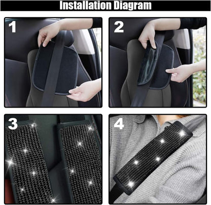 GLSOWEE 2PCS Bling Car Seat Belt Shoulder Pads, Bling Rhinestones Seat Belt Covers for Women, Car Seatbelt Strap Pad with Crystal Diamond, Car Interior Accessories for Car SUV (Black Diamond)