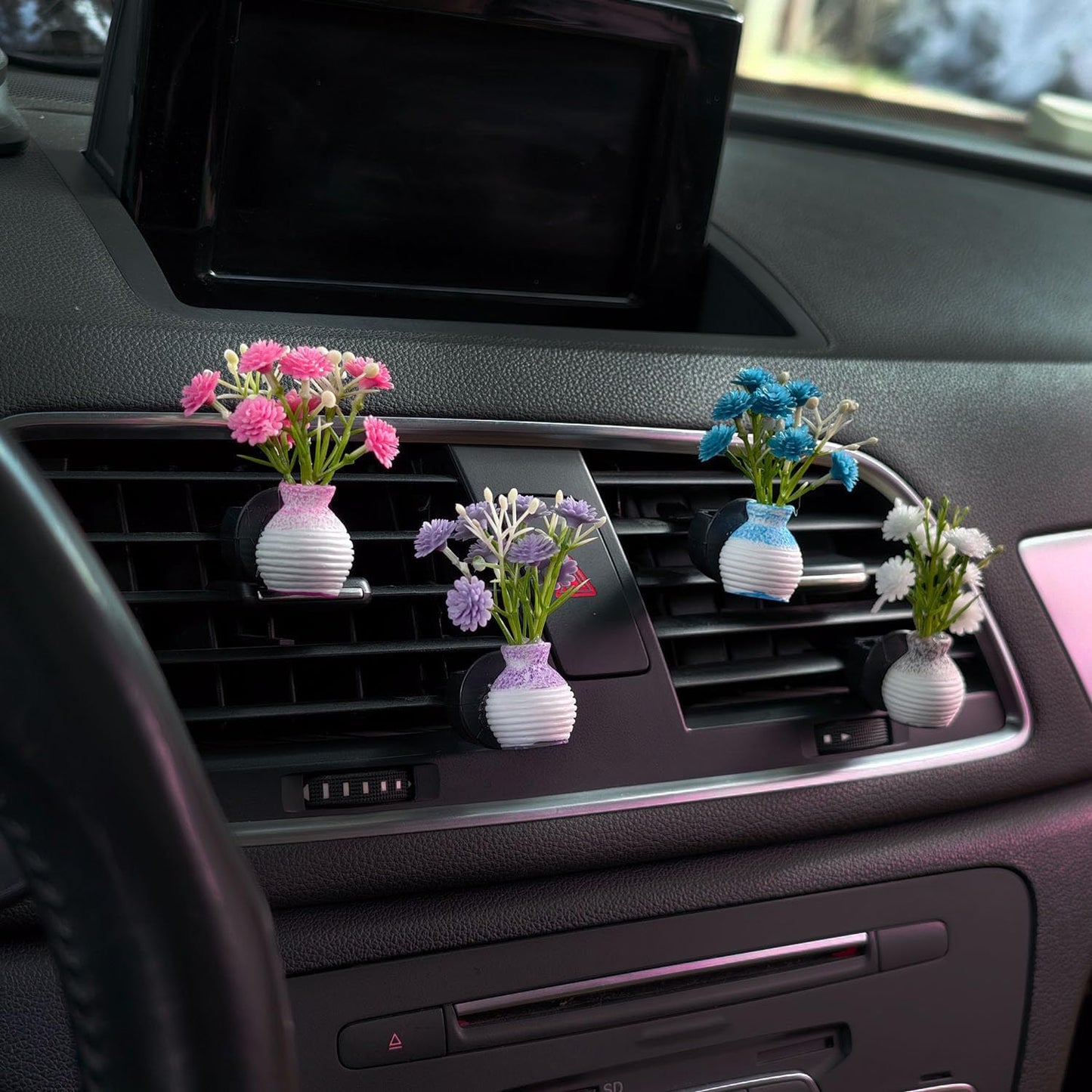 Set of 4 Cute Flower Bouquet Car Air Freshener Vent Clips, Mini Artificial Flowers for Car Air Vent Decoration, Auto Interior Dashboard Ornament Accessories