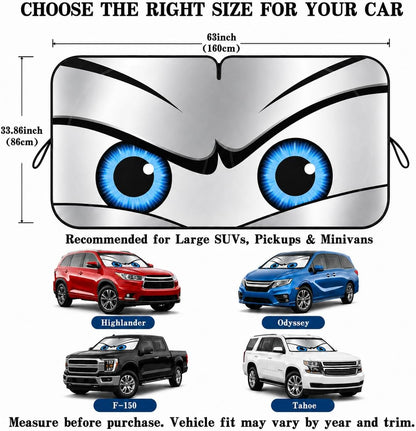 Car Windshield Sun Shade, Funny Cartoon Eyes Sun Visor for Car Windshield Universal Fits Sedan Compact Car Hatchback SUV, UV Heat Protection - 59 x 27.5