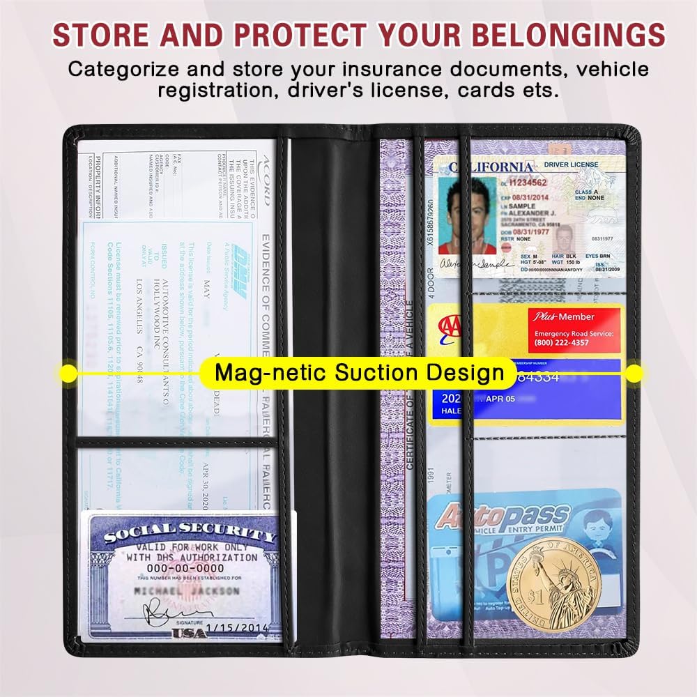 Car Registration and Insurance Holder, Registration and Insurance Card Holder, Auto Glove Box Organizer with Magnetic Shut, PU Leather Automobile Documents Wallet for Cards (Dark Green)