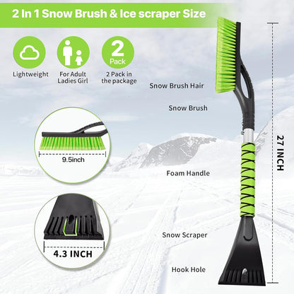 OUSHASAA 27" Snow Brush and Ice Scrapers for Car Windshield 2 Pack |Scratch-Free Bristle Head PVC Snow Brush & Foam Grip Window Snow Scraper Snow Removal Tool with Aluminum Body for Truck, SUV,Purple
