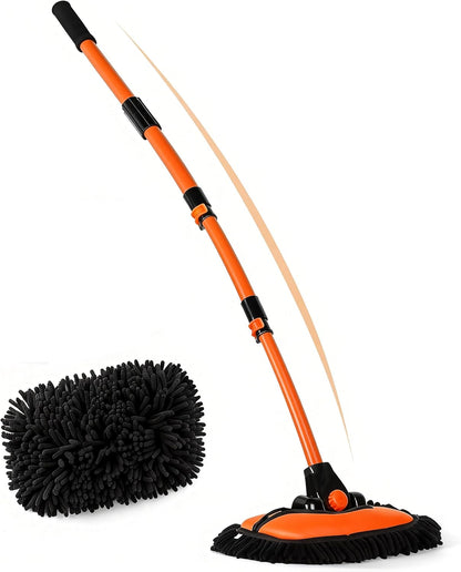 57'' Car Wash Brush with Long Handle Chenille Microfiber Car Wash Kit， Mitt Retractable Bent Pole Car Wash Brush for Cars RV Truck Boat (Yellow)