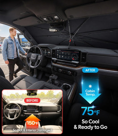 Wigoo Windshield Sun Shade Umbrella for Tesla Model Y [100% Sun Blockage, Ice Cooling Fabric] Foldable Heat Insulation Front Window Sunshade Umbrella for Tesla Model Y 2020–2026 (Juniper)