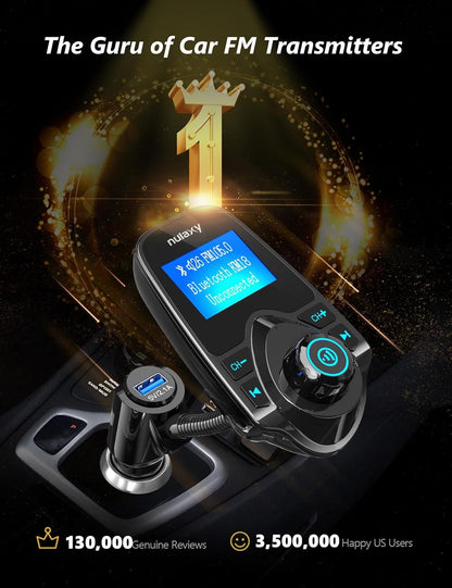 Nulaxy KM18 Bluetooth 5.4 Car Adapter with 1.44" Clear Display & Flexible Gooseneck - FM Radio Transmitter & Bluetooth Receiver for Hands-Free Calls, Wireless Music via BT/FM/AUX/TF, USB Car Charger
