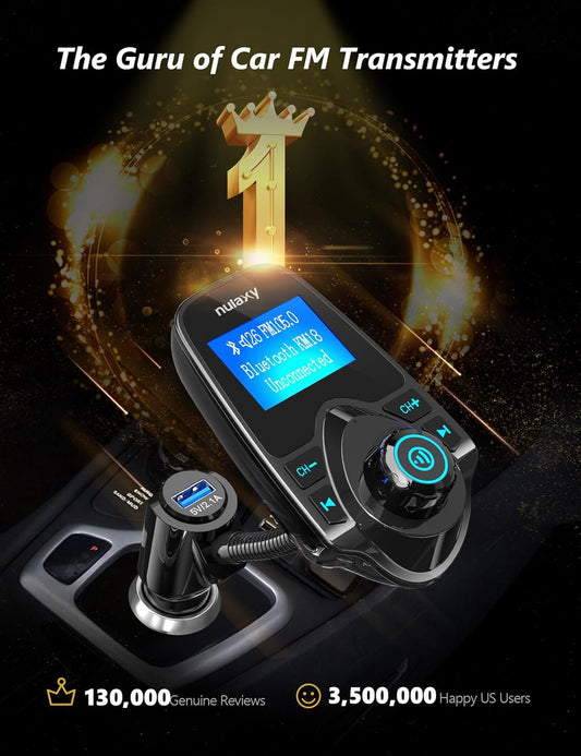 Nulaxy KM18 Bluetooth 5.4 Car Adapter with 1.44" Clear Display & Flexible Gooseneck - FM Radio Transmitter & Bluetooth Receiver for Hands-Free Calls, Wireless Music via BT/FM/AUX/TF, USB Car Charger