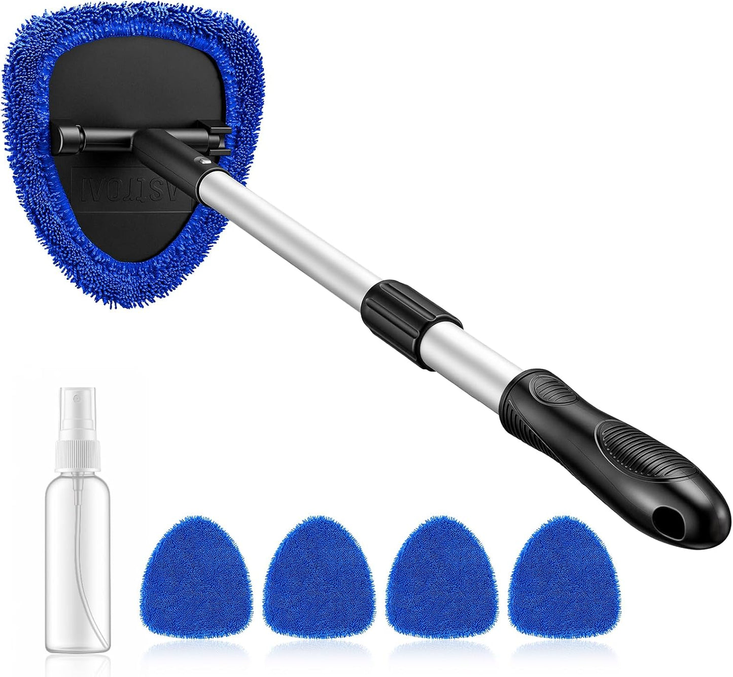 AstroAI 21" Windshield Cleaner Tool, Car Interior Detailing Cleaning Kit with Extendable Handle and 4 Upgraded High-Density Reusable Microfiber Pads, Auto Glass Wiper Brush Kit for Cars, Blue