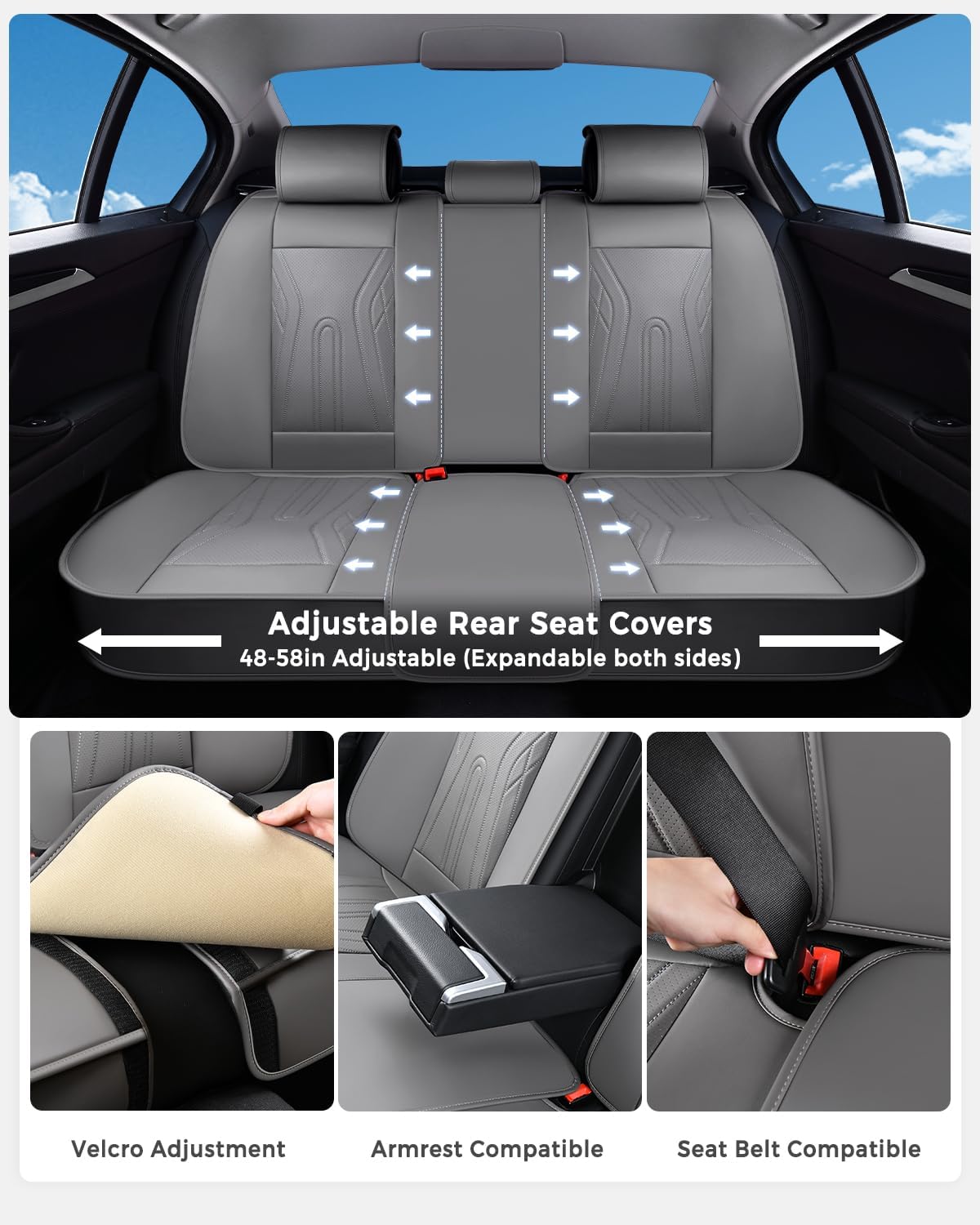 Huidasource Coffee Seat Covers Full Set, Universal Fit for Most Cars Trucks SUV, Full Coverage Leather Seat Cover, Airbag, Cupholder Compatible, Velcro Adjustable, Heaating/Cooling Function Retain