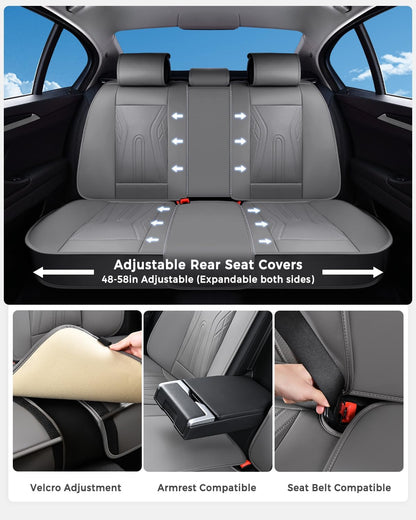 Huidasource Coffee Seat Covers Full Set, Universal Fit for Most Cars Trucks SUV, Full Coverage Leather Seat Cover, Airbag, Cupholder Compatible, Velcro Adjustable, Heaating/Cooling Function Retain