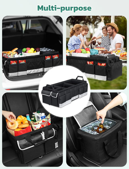 Oasser Car Trunk Organizer, 3 Compartments Collapsible Waterproof Car Organizer Storage with Foldable Cover, Reflective Strip, Non-Slip Bottom, 4 Mesh Pockets for SUV/Truck/Sedan/Camping/Road Trip