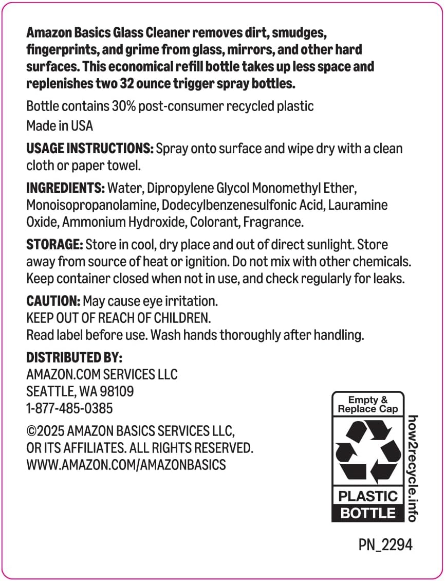Amazon Basics Glass Cleaner, Streak-Free Shine, 32 Fl Oz, Pack of 2 with 1 Sprayer