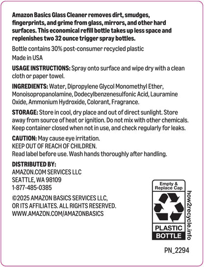 Amazon Basics Glass Cleaner, Streak-Free Shine, 32 Fl Oz, Pack of 2 with 1 Sprayer