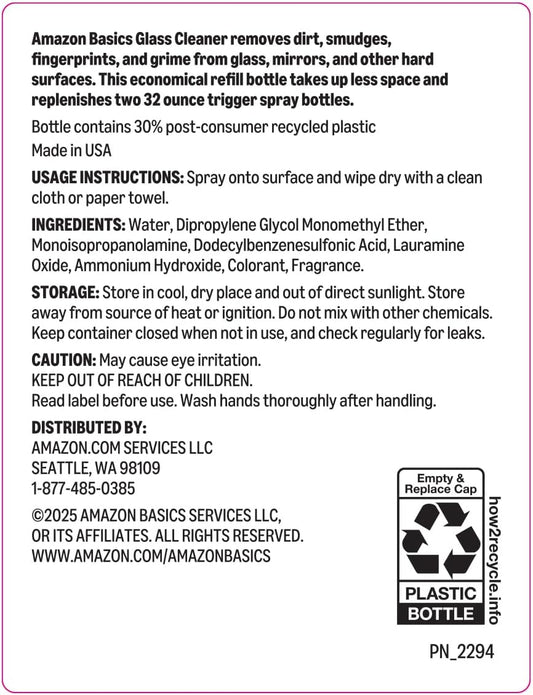 Amazon Basics Glass Cleaner, Streak-Free Shine, 32 Fl Oz, Pack of 2 with 1 Sprayer