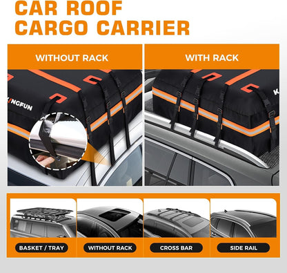 Kingfun Car Rooftop Cargo Carrier – Waterproof 20 Cubic Feet Car Roof Bag Fit All Vehicles with/Without Roof Racks, Includes Anti-Slip Mat, 8 Reinforced Straps & 6 Door Hooks, Luggage Locks（Black）