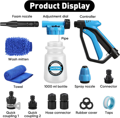 Car Wash Foam Gun/Hose Sprayer, 16 IN 1 Cannon, Adjustable with 2.5-6 Ratio Dial Foam Blaster, 1L Bottle, Nozzles, Mitten, 1/2” Quick Connector for Garden Hose, for Car/Garden Cleaning