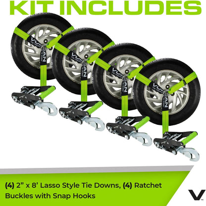 VULCAN Car Tie Down with Flat Hooks - Lasso Style - 2 Inch x 96 Inch - 4 Pack - Silver Series - 3,300 Pound Safe Working Load