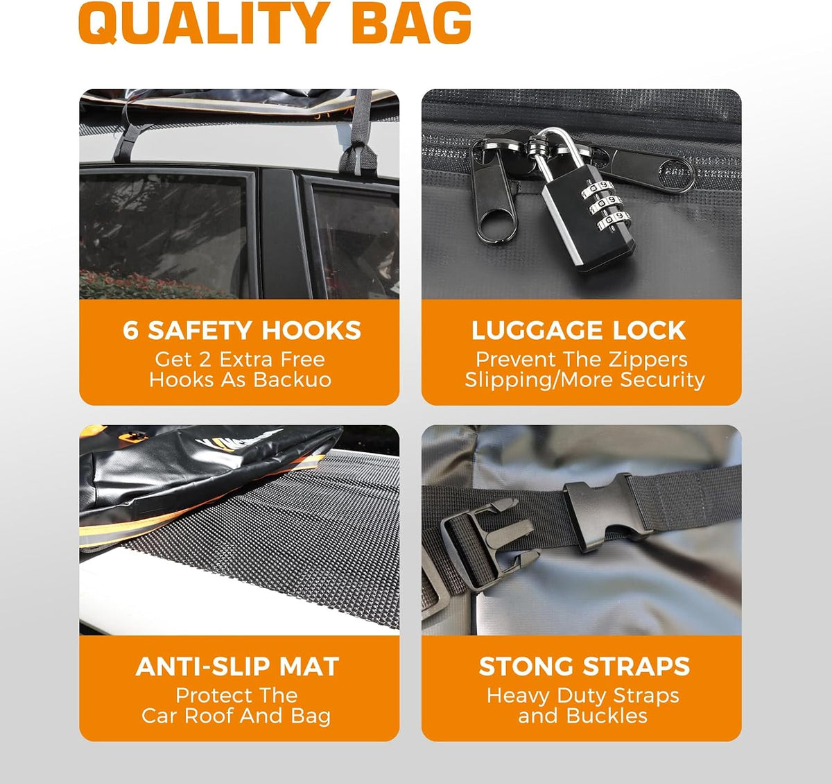 Kingfun Car Rooftop Cargo Carrier – Waterproof 20 Cubic Feet Car Roof Bag Fit All Vehicles with/Without Roof Racks, Includes Anti-Slip Mat, 8 Reinforced Straps & 6 Door Hooks, Luggage Locks（Black）