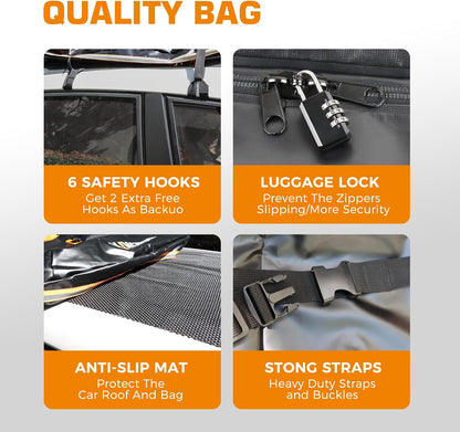 Kingfun Car Rooftop Cargo Carrier – Waterproof 20 Cubic Feet Car Roof Bag Fit All Vehicles with/Without Roof Racks, Includes Anti-Slip Mat, 8 Reinforced Straps & 6 Door Hooks, Luggage Locks（Black）