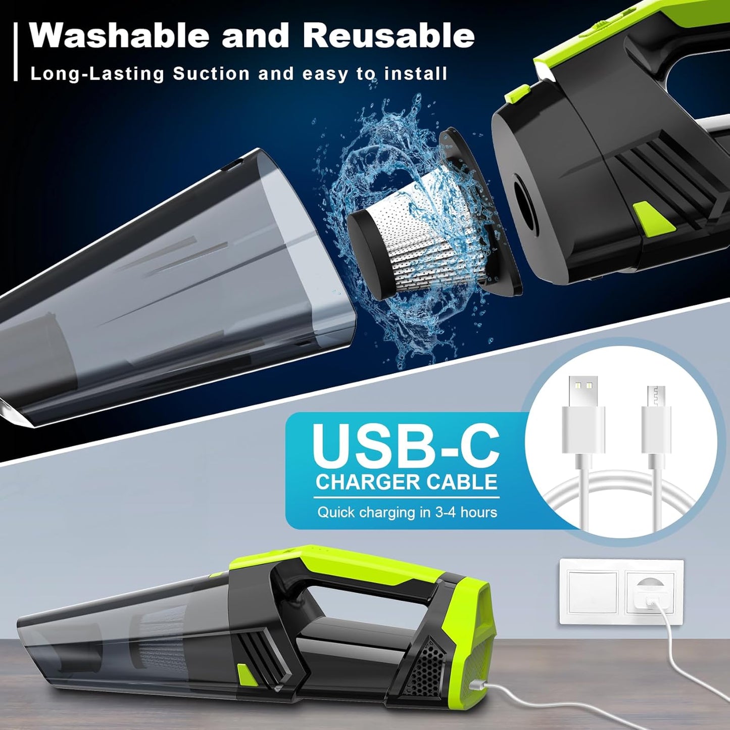 Blestan Handheld Vacuum Cordless Portable Car Vacuum with LED Light, High Power Suction, 3 in 1, Lightweight Rechargeable Hand Vacuum, Hand Held Vacuum Cleaner for Car Home Office, Pet Hair, Black