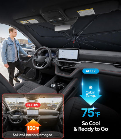 Wigoo Windshield Sun Shade Umbrella for Tesla Model Y [100% Sun Blockage, Ice Cooling Fabric] Foldable Heat Insulation Front Window Sunshade Umbrella for Tesla Model Y 2020–2026 (Juniper)