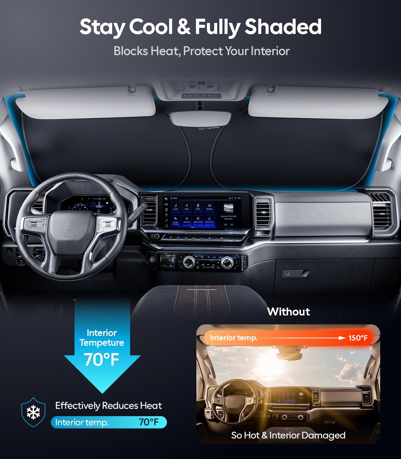 Wigoo Tesla New Model Y Accessories Windshield Sunshade [OEM Design, 100% Sun Blockage] Foldable Heat Insulation Sunshade with Storage Bag, for Model Y 2020~2026 (Juniper), Silver Coating - Colors B