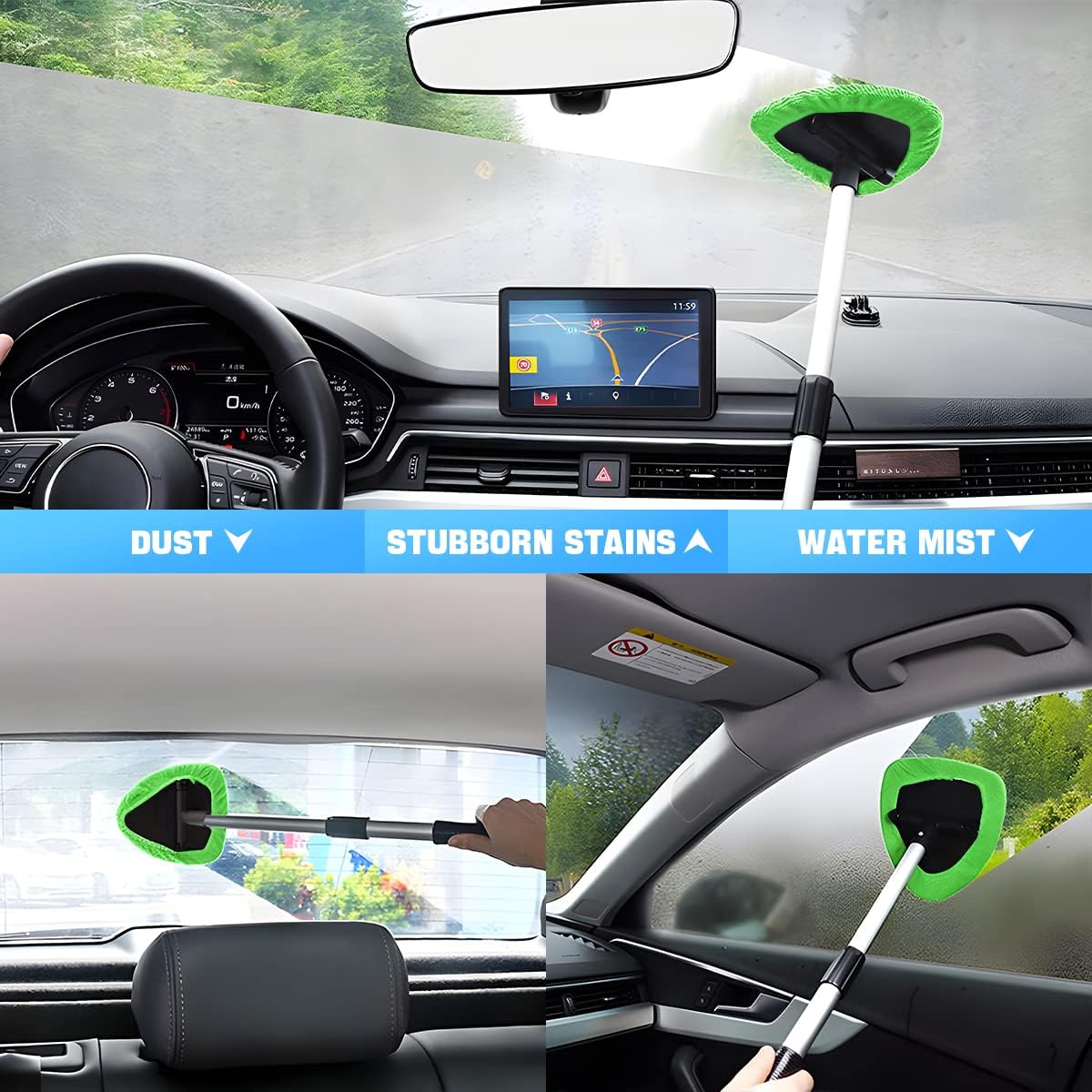 Windshield Cleaning Tool, Car Window Cleaner with Extendable Long Handle and 4 Washable Reusable Microfiber Pads, Auto Interior Exterior Glass Wiper Cleaning Kit Universal for Office and Home (Blue)