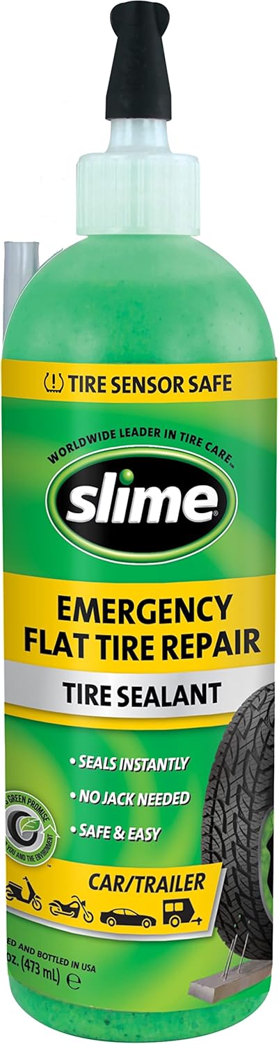 Slime 10011 Flat Tire Puncture Repair Sealant, Emergency Repair for Highway Vehicles, Suitable for Cars/Trailers, Non-Toxic, eco-Friendly, 16 oz Bottle