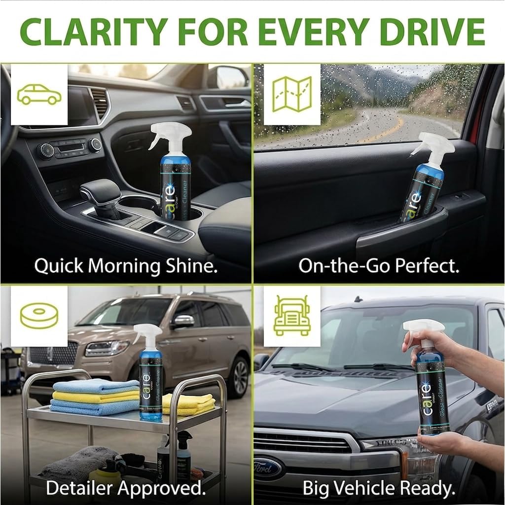 Care Glass Cleaner Spray, Streak-Free Car Window Cleaner for Windshields, Mirrors & Tinted Glass, Professional Window Cleaning Kit, Car Essentials, 16 oz