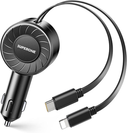 SUPERONE Retractable Car Charger for iPhone with Dual Type C Cables, 4 in 1 USB C Car Charger Adapter with 69W Fast Charging Compatible with iPhone 17 16 15 14 13 12 11 Pro/XS/XR/SE/iPad/Airpods