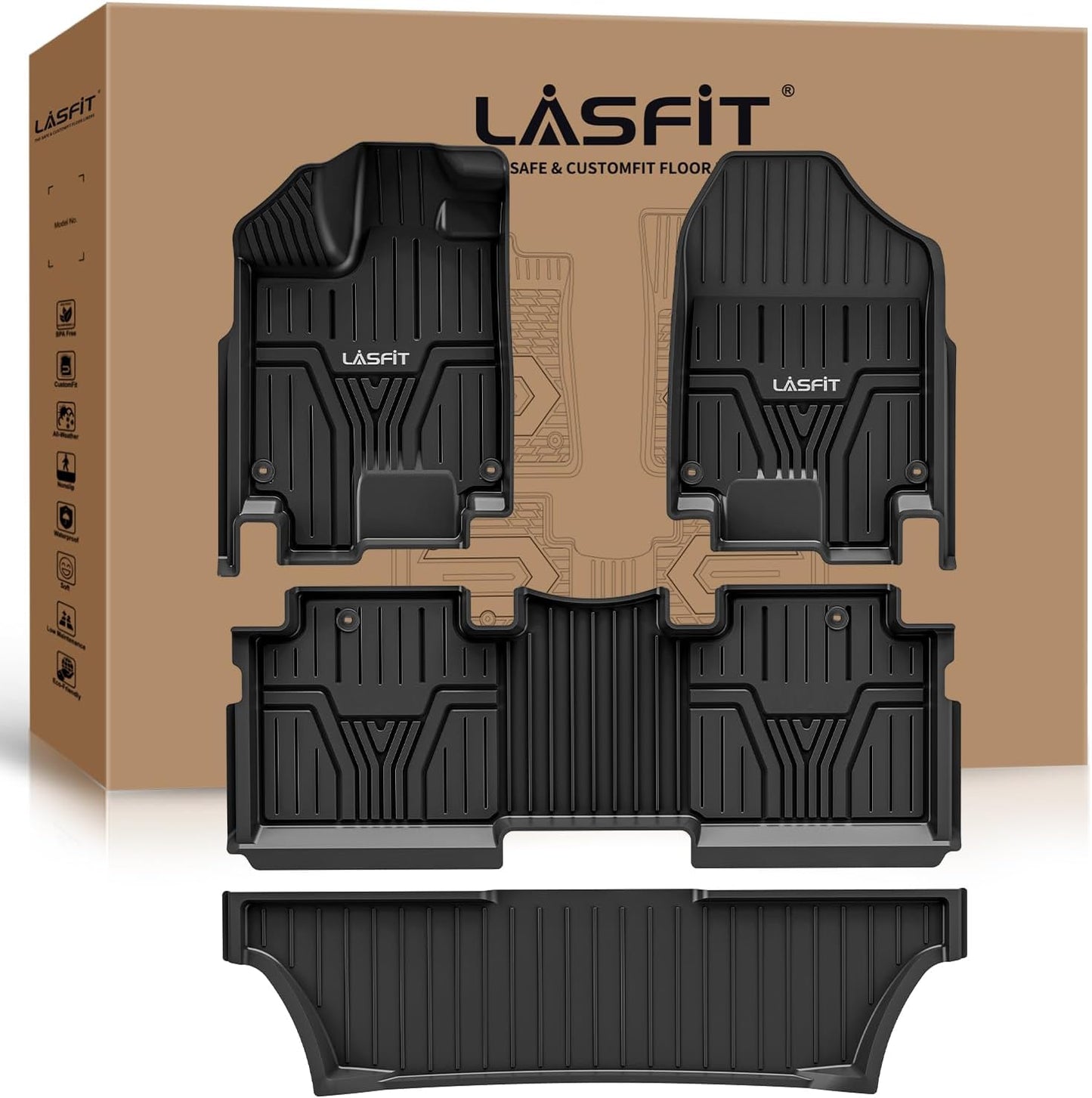 LASFIT Floor Mats and Cargo Liner for Honda CR-V 2026 2025 2024 2023 (Gasoline & Hybrid & e:FCEV), All Weather TPE Car Trunk Mat (Upper Position), 1st & 2nd Row & Trunk Liner Full Set Black