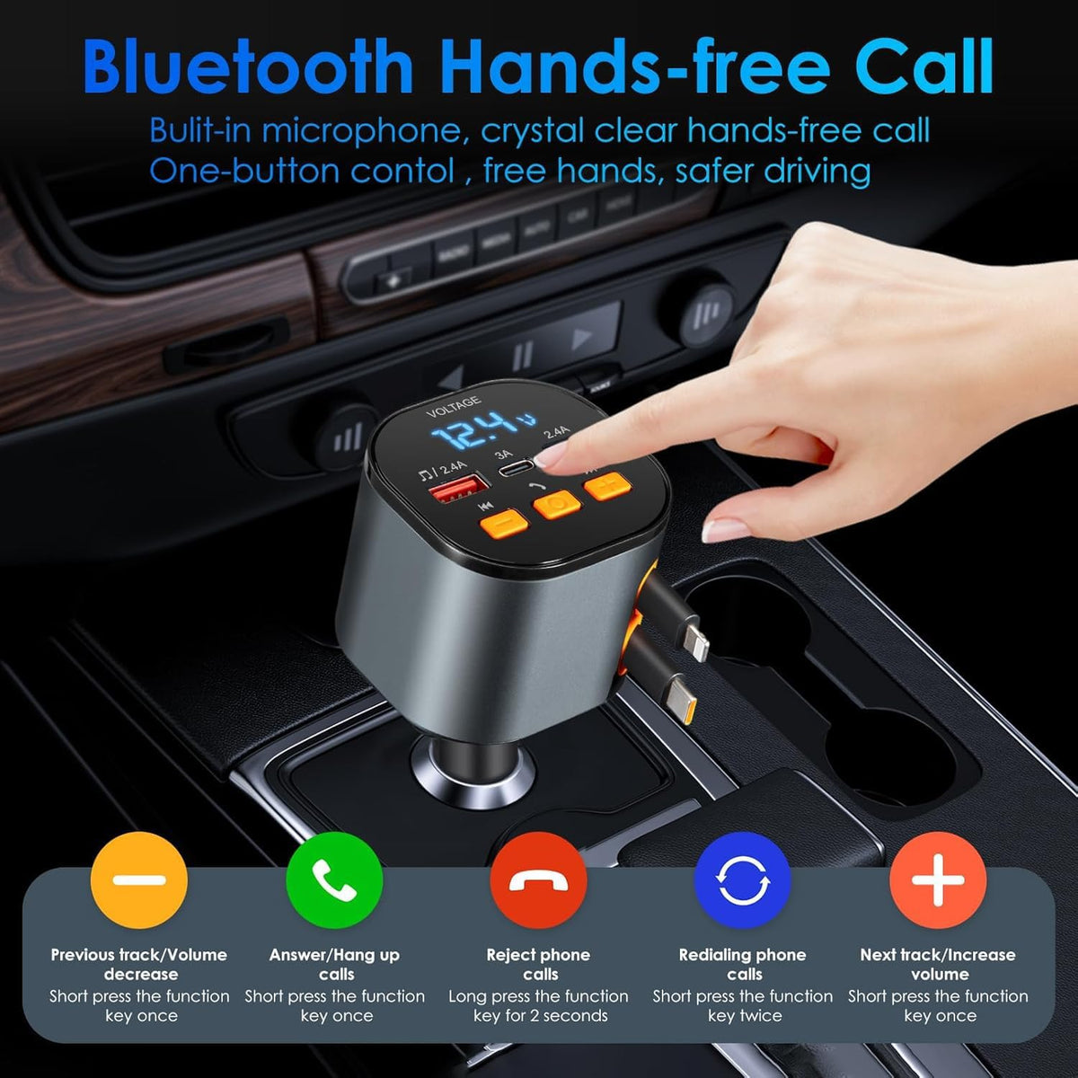 Retractable Car Charger,5 in 1 Fast Cars Phone Charger 90W,Bluetooth 5.3 FM Transmitter Adapter,Handsfree Call,2 Retractable Cables and USB Chargers for iPhone17/16 15/14/13