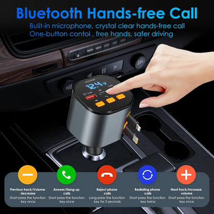 Retractable Car Charger,5 in 1 Fast Cars Phone Charger 90W,Bluetooth 5.3 FM Transmitter Adapter,Handsfree Call,2 Retractable Cables and USB Chargers for iPhone17/16 15/14/13